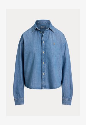 Camicia in denim blu a maniche lunghe con bottoni, colletto e piccolo logo ricamato Polo Ralph Lauren sul petto sinistro.