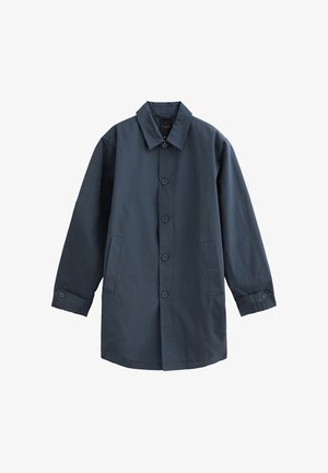 Marineblauwe lichtgewicht jas met een puntige kraag, voorknoopsluiting, twee zijzakken en lange mouwen. Gemaakt van gladde stof.