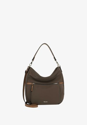 Brązowa skórzana torebka z przednią kieszenią na zamek, krótkim uchwytem i odpinanym długim paskiem.