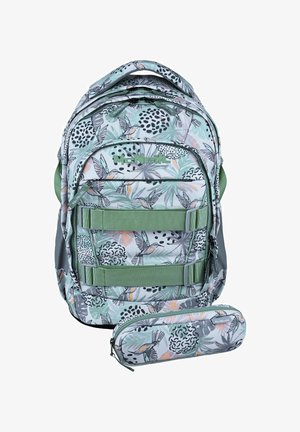 Sac à dos et trousse assortie avec des bretelles vertes et un motif pastel d’oiseau et de feuilles sur un fond clair.