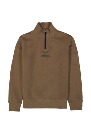 Brauner Fleece-Pullover mit hohem Kragen, ausgestattet mit einem Viertel-Reißverschluss und einem schwarzen Logo mit der Aufschrift "SOUTHERN HIGHLANDS" auf der Vorderseite.