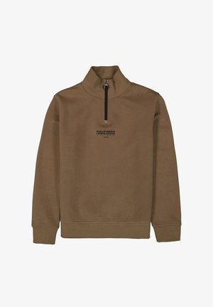 Brauner Fleece-Pullover mit hohem Kragen, ausgestattet mit einem Viertel-Reißverschluss und einem schwarzen Logo mit der Aufschrift "SOUTHERN HIGHLANDS" auf der Vorderseite.