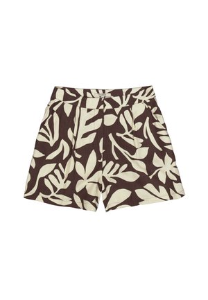 Shorts marroni e crema con motivo botanico, fronte plissettato e texture liscia. Progettati per una vestibilità morbida.