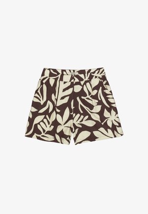 Pantalones cortos marrones y crema con un patrón botánico, frente plisado y textura suave. Diseñados para un ajuste relajado.