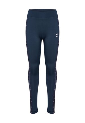 Granatowe dopasowane legginsy sportowe z wzorzystymi bocznymi paskami i małym białym podwójnym logo w kształcie szewrona na górnej części uda.