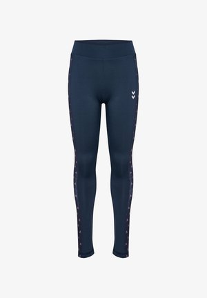 Leggings sportivi aderenti blu navy con strisce laterali impreziosite da un motivo e piccolo logo bianco a doppio chevron sulla parte superiore della coscia.
