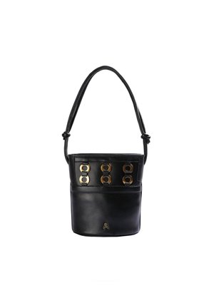 Borsa a secchiello nera in pelle con tracolla, caratterizzata da dettagli in metallo dorato e quattro elementi metallici circolari sulla parte frontale.