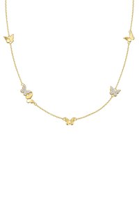 Zlata verižica s metuljčki vključuje več charmov metuljev, nekateri z bleščečimi akcenti, povezani z delikatno verigo. Gladek, polirani končni izgled.