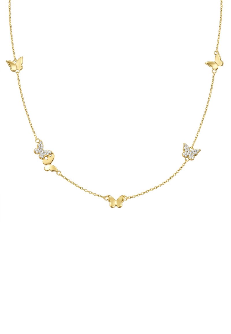 Zlata verižica s metuljčki vključuje več charmov metuljev, nekateri z bleščečimi akcenti, povezani z delikatno verigo. Gladek, polirani končni izgled.