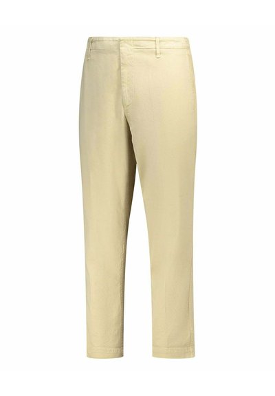 Chino giallo chiaro con un design a gamba dritta. Realizzati in cotone tessuto, presentano una texture liscia e un layout standard a cinque tasche.