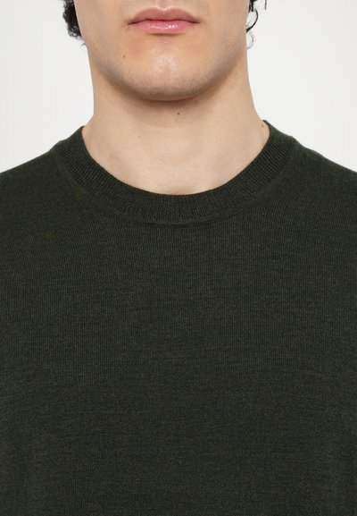 Dunkelgrüner Strickpullover mit ribbelndem Rundhalsausschnitt und glatter Textur, die subtile Farbvariationen aufweist. Nahaufnahme des Oberkörpers.