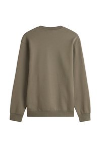 Felpa verde khaki con scollo rotondo, maniche lunghe e polsini a costine. Realizzata in tessuto morbido, presenta una texture liscia.