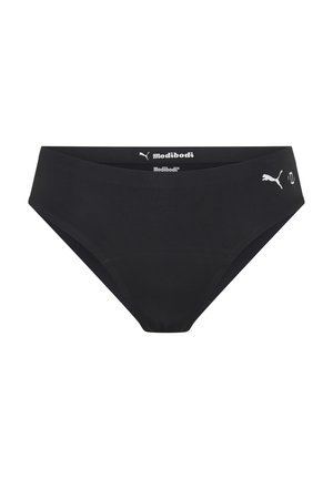 Schwarze Bikini-Hosen mit glatter Textur, ausgestattet mit einem elastischen Taillenbund mit Branding und dezenten Logo-Akzenten an der Seite.