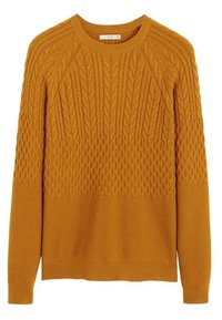 Pull en maille torsadée jaune moutarde avec manches longues, poignets et ourlet côtelés, présentant des motifs de tricot mélangés.
