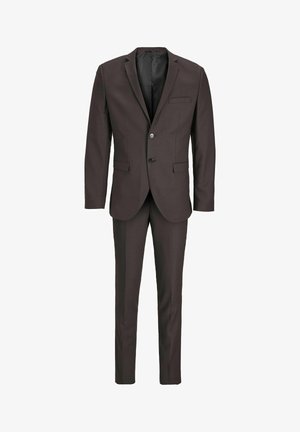 Donkerbruin pak met een enkelknopen blazer en bijpassende broek. Glad materiaal, op maat gemaakt en met een borstzakdetail.