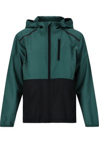 Veste à capuche avec un haut teal et une partie inférieure noire, fabriquée en matériau léger. Comprend une poche de poitrine zippée et des coutures contrastées.