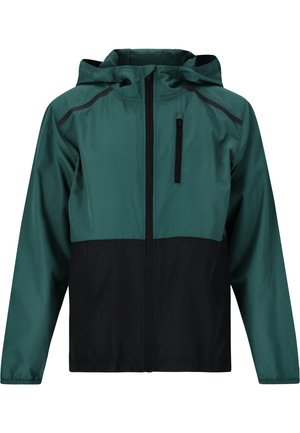 Giacca con cappuccio caratterizzata da una parte superiore color teal e una parte inferiore nera, realizzata in materiale leggero. Include una tasca sul petto con zip e cuciture a contrasto.