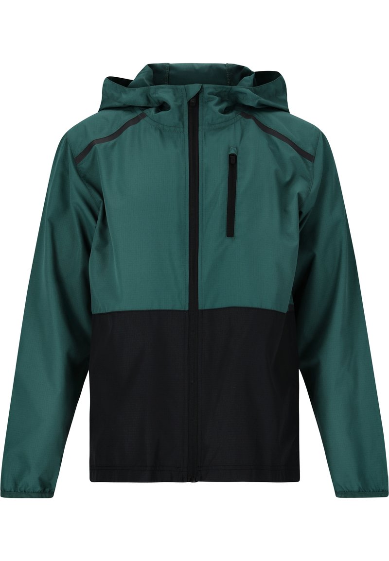 Veste à capuche avec un haut teal et une partie inférieure noire, fabriquée en matériau léger. Comprend une poche de poitrine zippée et des coutures contrastées.