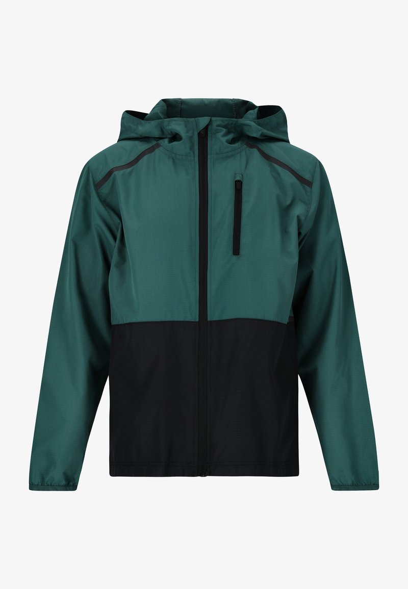 Giacca con cappuccio caratterizzata da una parte superiore color teal e una parte inferiore nera, realizzata in materiale leggero. Include una tasca sul petto con zip e cuciture a contrasto.