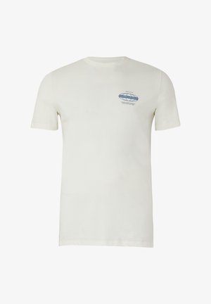 Ecru krótki rękaw, koszulka z okrągłym dekoltem i małym niebieskim logo "S. Oliver Clothing Co." na lewej piersi.