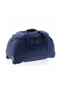 Bolsa de viaje con ruedas de color azul marino, de forma redondeada, con cierre de cremallera, dos asas y un bolsillo frontal. Fabricada con un tejido duradero y de textura suave.