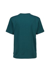 Teal cotton t-shirt, short sleeves, crew neckline, back view, smooth texture, no patterns or embellishments, tag visible at the lower side.
