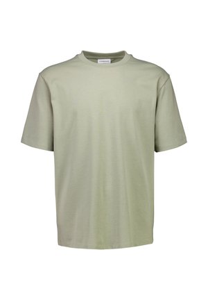 Schlichtes, hellgrünes T-Shirt mit kurzen Ärmeln und Rundhalsausschnitt, regulärer Passform und einem kleinen weißen Etikett im Kragen.