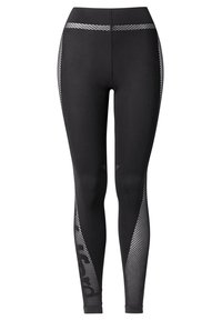 Svarta leggings gjorda av elastiskt material, med nätpaneler på sidorna, hög midja och en logotyp på det nedre benet.