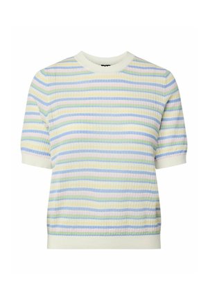 Kortærmet strikket sweater med horisontale pastelfarvede striber i blå, gul, grøn og pink, med en hvid ribbet krave og manchetter.