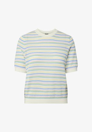 Lühikeste varrukatega kudumist kampsun, millel on horisontaalsed pastelsed triibud sinises, kollases, rohelises ja roosas, valge soonikkoega krae ja varrukasäärtega.