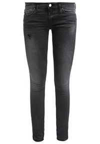 Vaqueros pitillo en denim gris oscuro con detalles desgastados y un diseño clásico de cinco bolsillos. Confeccionados con tela elástica para mayor comodidad.