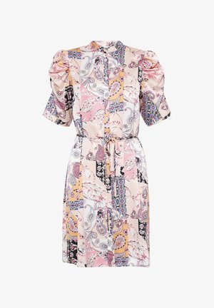 Blomstermønstret kjole i lys pink, sort og gul med puffærmer, knaplukning foran og en bundet talje, fremstillet af glat satinstof.