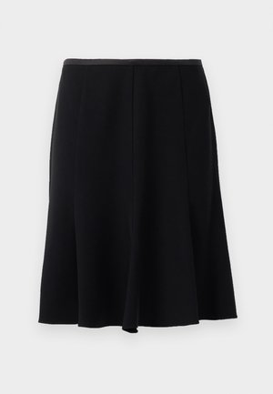 Black A-line skirt with a smooth texture, featuring a waistband and pleated design for fluid movement. No visible accents or patterns.