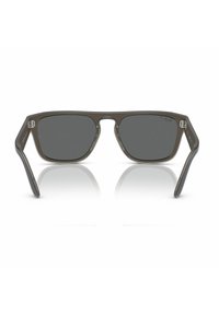 Occhiali da sole rettangolari con lenti grigie e montatura trasparente grigia. Presentano stanghette eleganti con dettagli in metallo sulle cerniere.