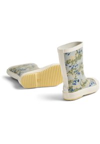 Bottes de pluie fleuries avec un corps gris clair, rehaussées d'un motif de fleurs multicolores et d'une semelle en caoutchouc texturée jaune.