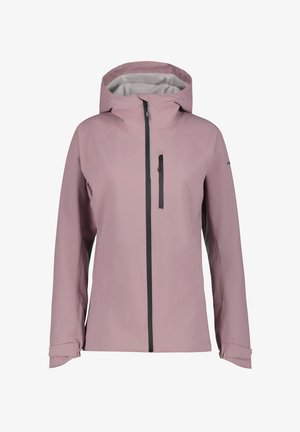 Vaaleanpunainen vettähylkivä takki, jossa on vetoketjukiinnitys, säädettävä huppu ja harmaat yksityiskohdat. Takissa on pitkät hihat ja rintatasku.