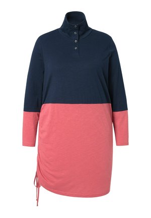 Marineblauw en roze kleurgebroken lange mouwen jurk met een hoge kraag, voorzien van een knoopsluiting en verstelbare zijdrawstring. Zachte katoenen stof.