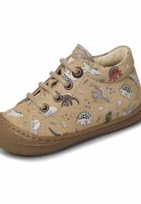 Lichtbruine suède schoenen met een rubberen zool, voorzien van een patroon van kleurrijke dinosaurussen en schelpen. Vetersluiting met drie oogjes.