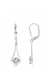 Gli orecchini a goccia in argento presentano un pendente a forma di diamante con un centro in cristallo trasparente, sospeso da un elegante design a leva curva.