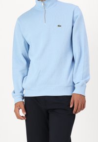 Ljust blå pullovertröja med hög krage, dragkedja och ribbade muddar och fåll. Har en liten grön logotyp på bröstet.