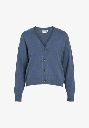 Cardigan blu a V con maniche lunghe, quattro bottoni marroni sul davanti e polsini e orlo a coste.