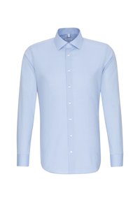 Helles blaues Hemd mit langen Ärmeln, Kragen und weißen Knöpfen. Aus glattem Stoff gefertigt, mit geradem Saum und taillierter Passform.
