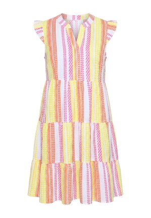 Vestito senza maniche a balze con righe geometriche verticali arancioni, rosa e gialle, scollo a V e maniche corte arricciate.