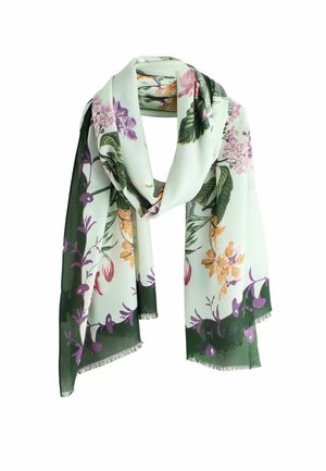 Ľahký, zelený kvetinový šál s fialovými a oranžovými vzormi kvetov, s strapcami a hodvábnou textúrou.
