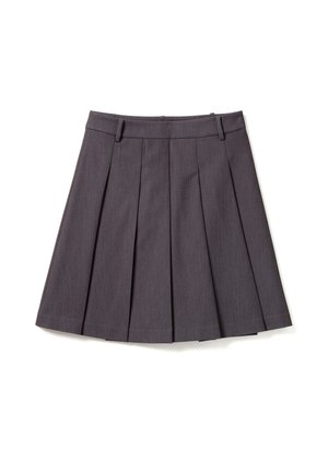 Gonna a pieghe grigia con cintura, realizzata in tessuto strutturato. Presenta pieghe nette e una silhouette aderente, adatta per varie occasioni.