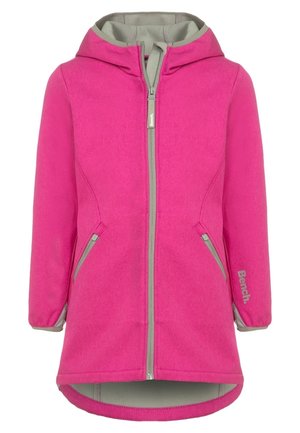 Lang lyserød hættejakke med frontlynlås, to lynlåslommer i siderne og gråt inderfor, med "Bench." logo på venstre ærme.