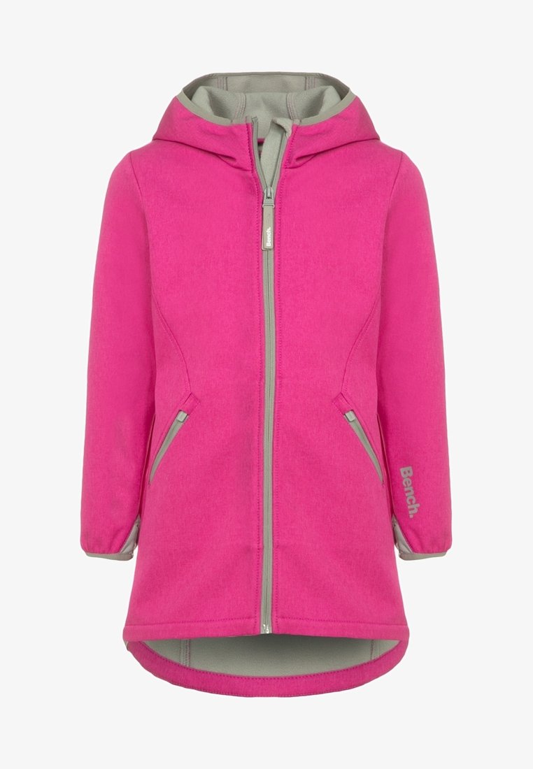 Longue veste à capuche rose avec fermeture éclair frontale, deux poches latérales zippées et doublure intérieure grise, avec le logo "Bench." sur la manche gauche.