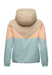 Huvtröja med ett färgblockdesign i beige, persika och ljusblått, med elastiska ärmslut och en slät textur.