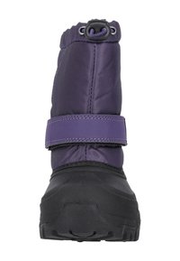 Stivali impermeabili viola con parte superiore in tessuto imbottito, suola in gomma nera, parte superiore regolabile con sistema di bloccaggio a cordino e una larga fascia per una vestibilità sicura.