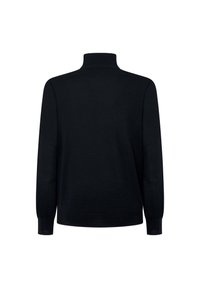 Svart stickad tröja med hög krage, långa ärmar och ribbade muddar, med elbågsfickor och en slät yta. Bakifrån.